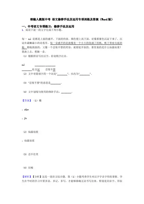 部编人教版中考 语文修辞手法及运用专项训练及答案(Word版)