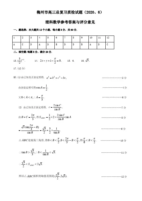 广东省梅州市2020届高三6月总复习质检(二)数学(理)试题答案