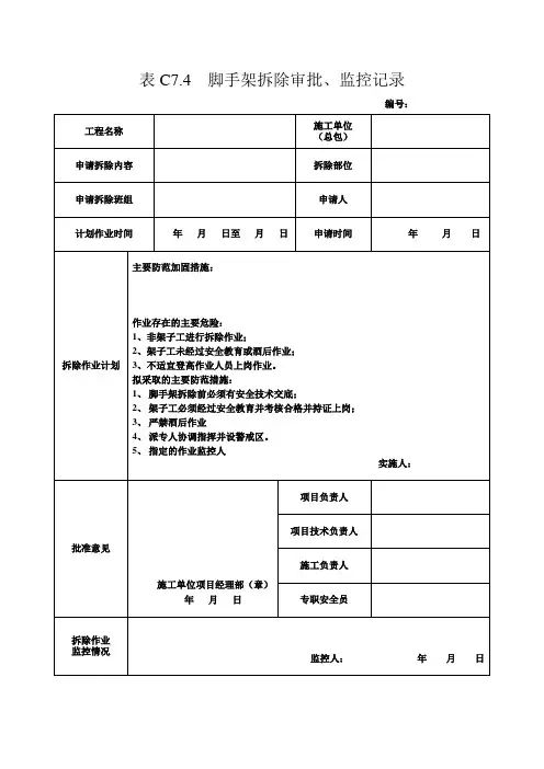 【整理版】4脚手架拆除审批、监控记录-工程施工资料