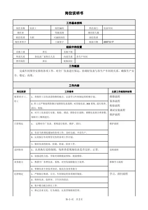 岗位说明书（仪表工）