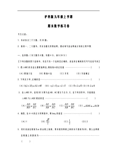 2020-2021学年最新沪科版九年级数学上学期期末模拟试题及答案解析-精编试题