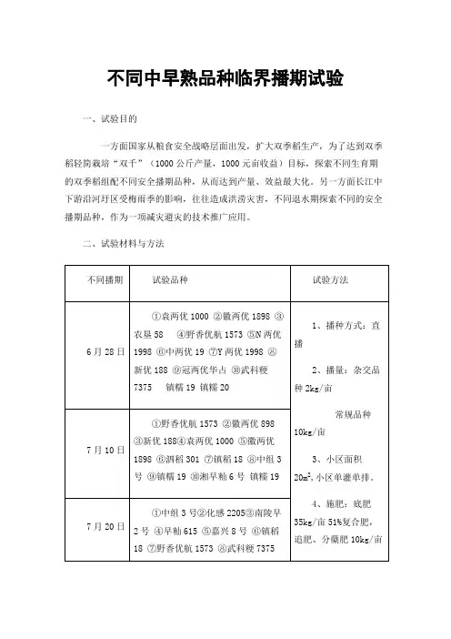 不同中早熟品种临界播期试验