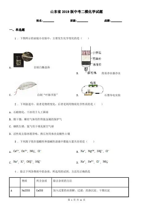 山东省2019版中考二模化学试题