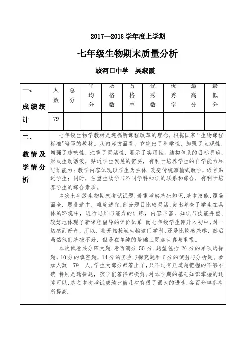 七年级生物期末测试质量分析
