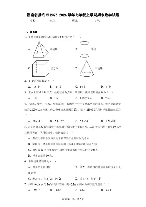 湖南省娄底市2023-2024学年七年级上学期期末数学试题