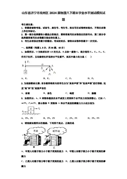 山东省济宁市兖州区2024届物理八下期末学业水平测试模拟试题含解析