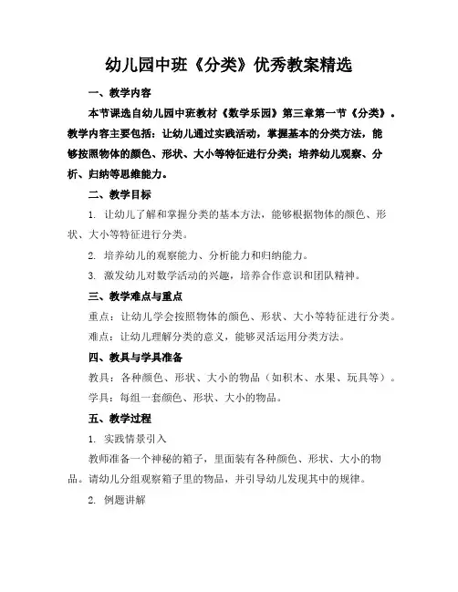 幼儿园中班《分类》优秀教案精选
