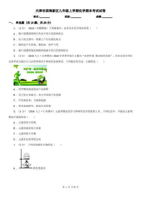 天津市滨海新区九年级上学期化学期末考试试卷