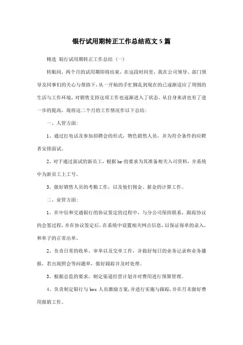 银行试用期转正工作总结范文5篇