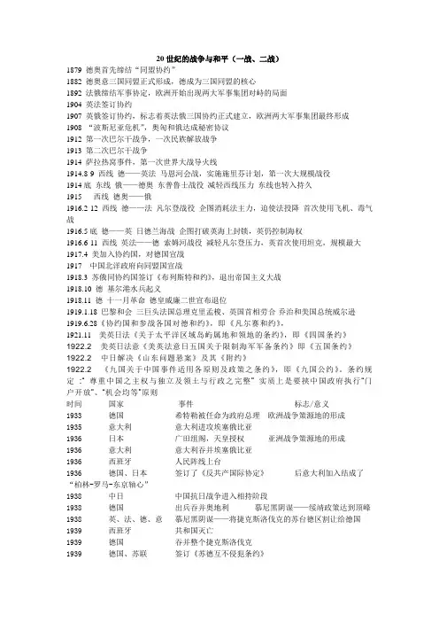 20世纪的战争与和平(一战、二战)大事年表