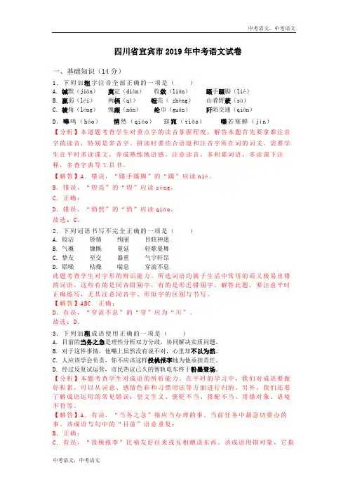 112—2019年四川省宜宾市中考语文试题(word版,含解析)