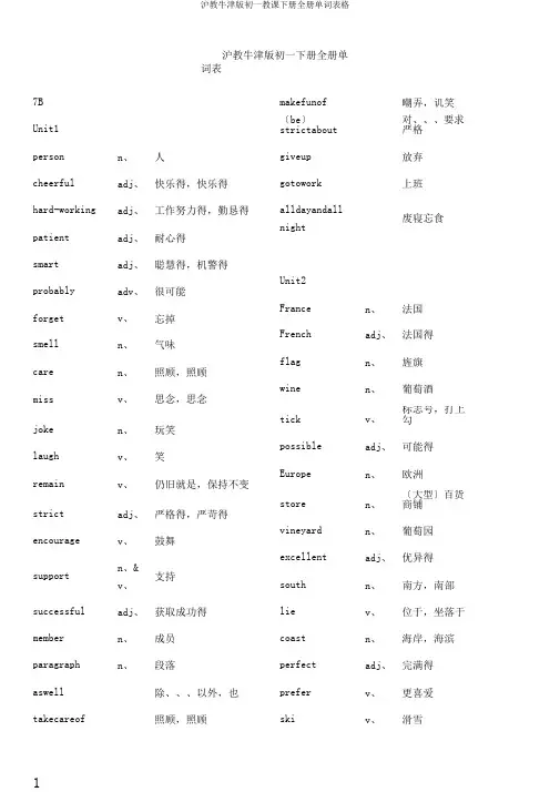 沪教牛津版初一教学下册全册单词表格
