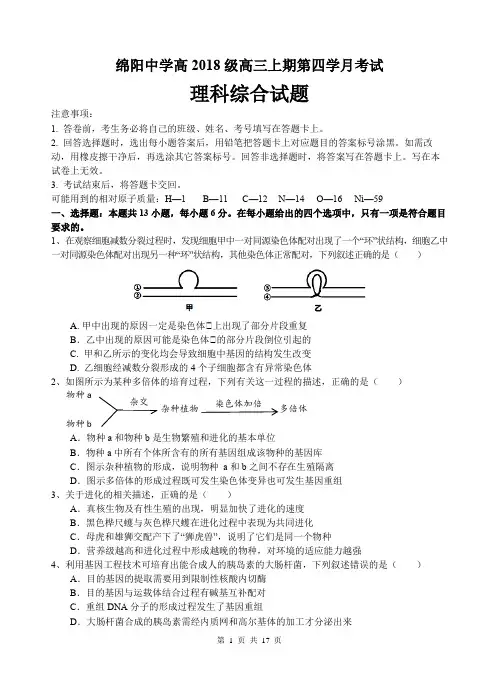 绵阳中学高2018级高三上期第四学月考试(理综试题)