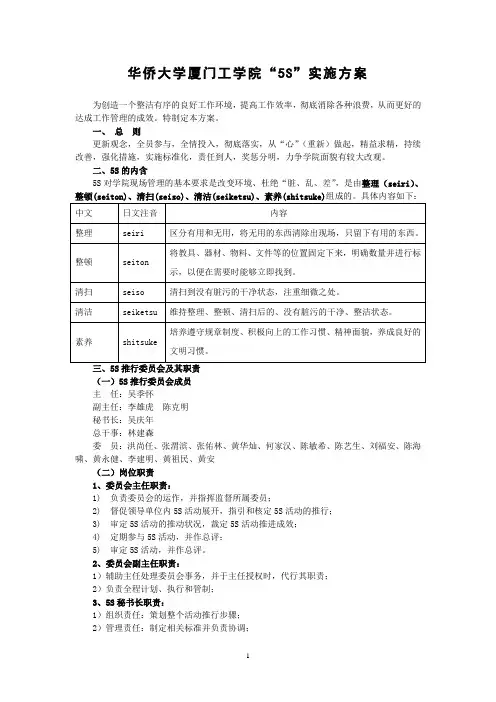 华侨大学厦门工学院“5S”实施方案