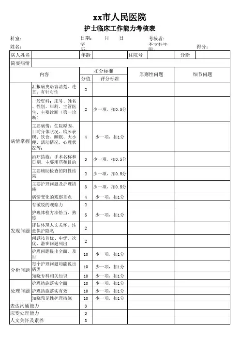 护士临床工作能力考核表