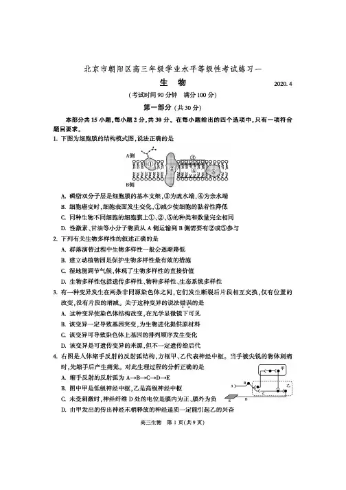 2020北京朝阳高三生物一模试卷及答案