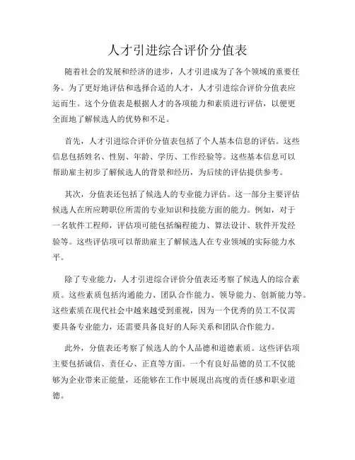 人才引进综合评价分值表