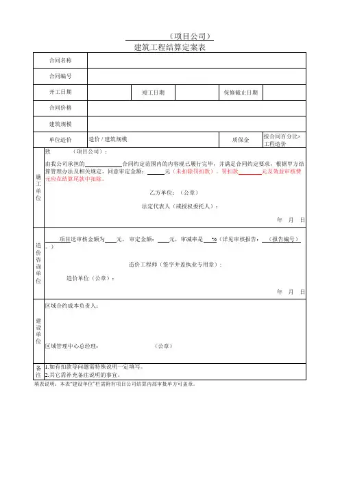 建筑工程结算定案表