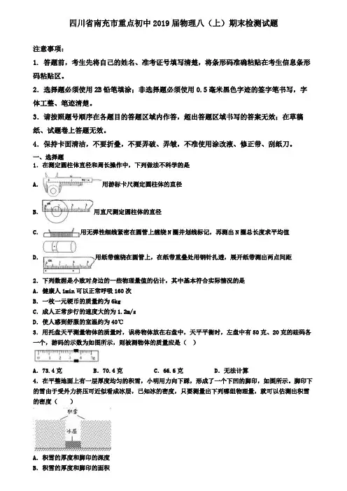 四川省南充市重点初中2019届物理八(上)期末检测试题