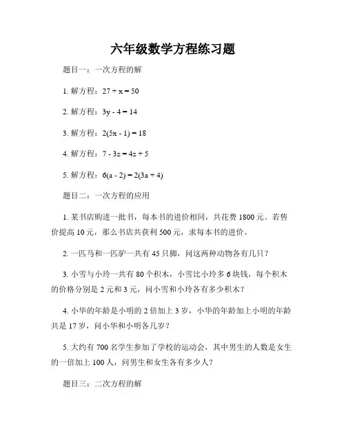 六年级数学方程练习题