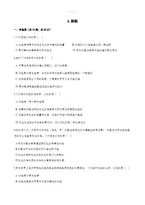 九年级物理下册第十一章物理学与能源技术4核能作业设计(新版)教科版