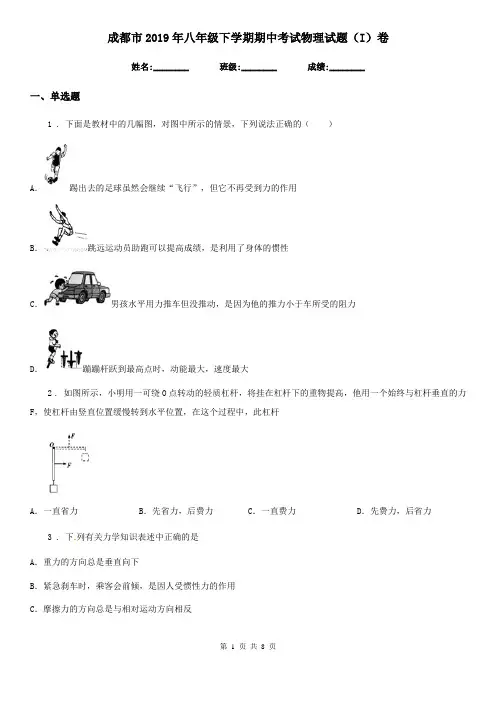 成都市2019年八年级下学期期中考试物理试题(I)卷