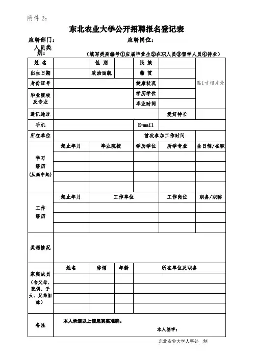 东北农业大学公开招聘报名登记表【模板】