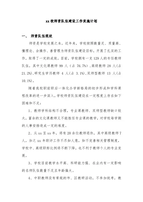 职业学校师资队伍教师建设工作实施计划