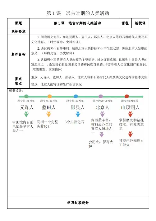 第1课远古时期的人类活动教学设计-2024-2025学年七年级历史上册上册