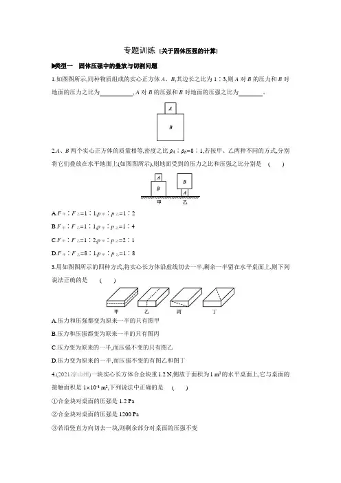 北师大版物理八年级下册课课练：专题训练 关于固体压强的计算(含答案)