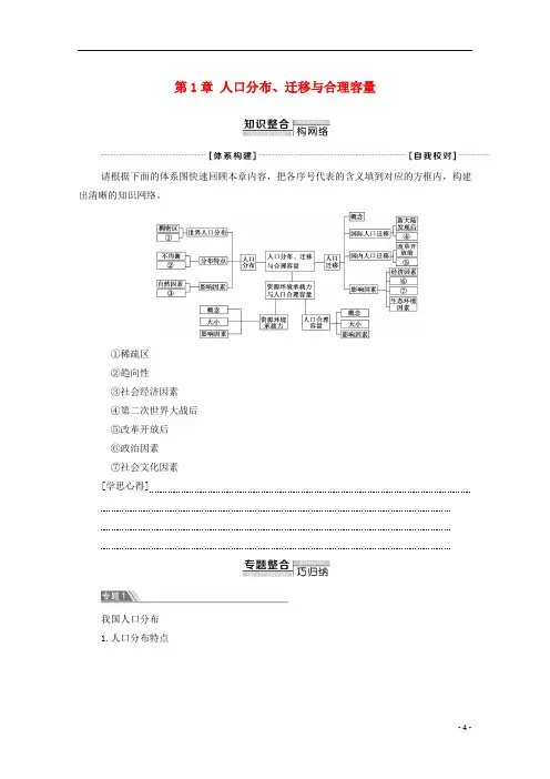 高中地理第1章人口分布迁移与合理容量章末小结与测评含解析中图版必修第二册