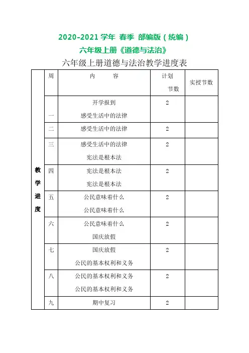 部编版六年级上册道德与法治 教学进度表