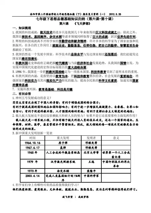 七年级下人民版思想品德基础知识归纳(第六课-第十课)
