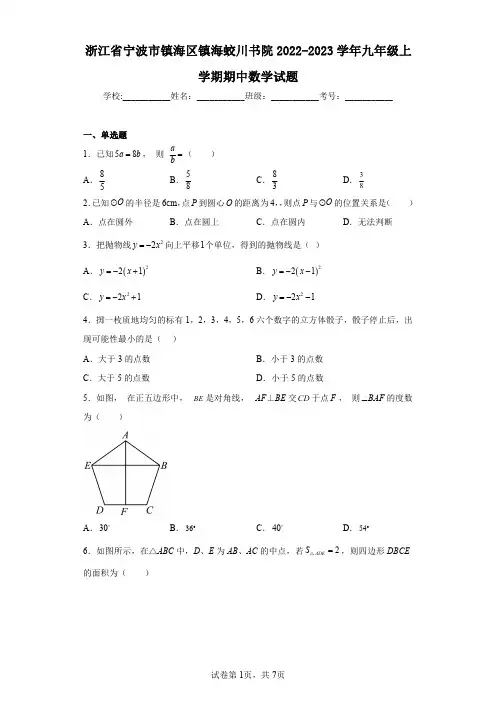 浙江省宁波市镇海区镇海蛟川书院2022-2023学年九年级上学期期中数学试题