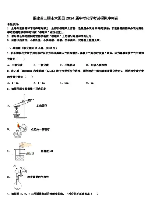 福建省三明市大田县2024届中考化学考试模拟冲刺卷含解析