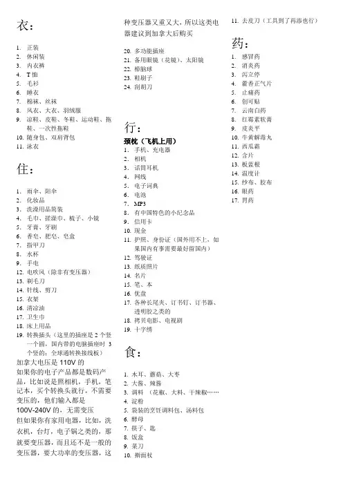 出国物品清单