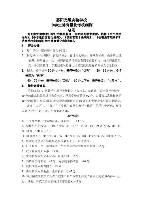 中学生德育量化考核细则