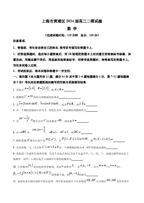 上海市黄浦区2024届高三二模数学试题(含答案与解析)_8966