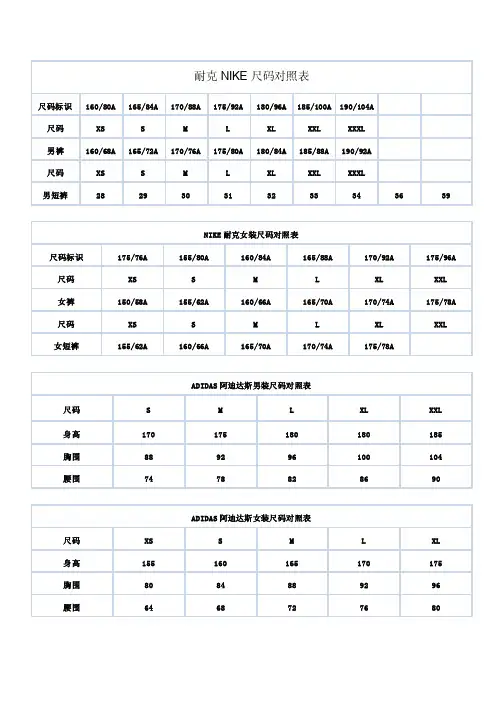 耐克nike尺码对照表