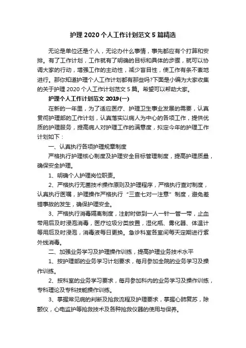 护理2020个人工作计划范文5篇精选