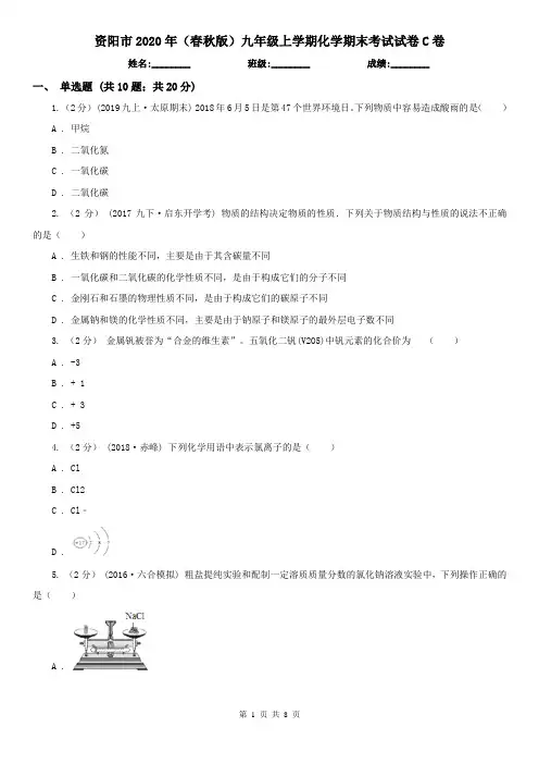 资阳市2020年(春秋版)九年级上学期化学期末考试试卷C卷