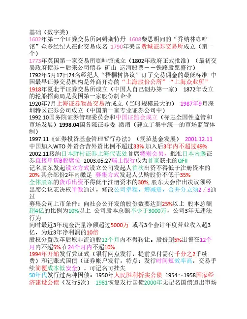 证券从业资格考试基础数字
