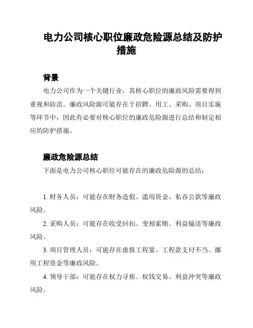 电力公司核心职位廉政危险源总结及防护措施