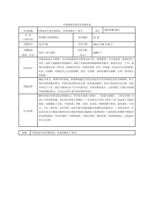 中国新闻奖参评作品推荐表