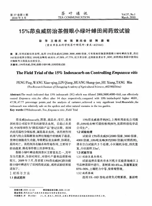 15%茚虫威防治茶假眼小绿叶蝉田间药效试验
