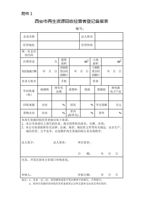 西安再生资源回收经营者登记备案表