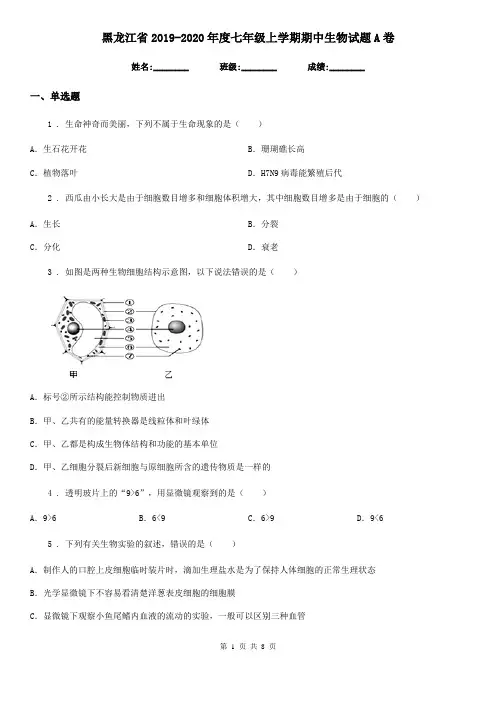 黑龙江省2019-2020年度七年级上学期期中生物试题A卷