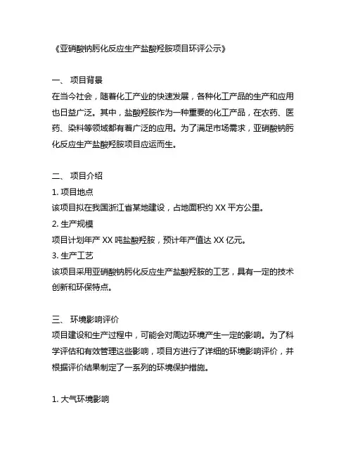 亚硝酸钠肟化反应生产盐酸羟胺项目环评公示