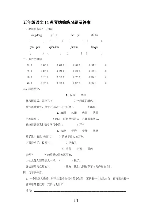 最新五年级语文14弹琴姑娘练习题及答案