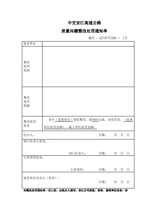 质量问题整改处罚通知单